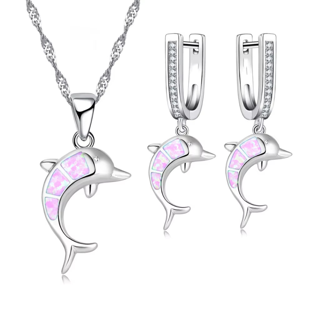 Dive into Style with Our Adorable Dolphin-Inspired Jewelry Set - Sparkling Blue Fire Opal Pendant Necklace and Earrings for Your Big Day!