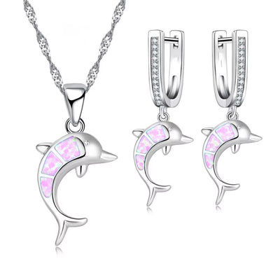 Dive into Style with Our Adorable Dolphin-Inspired Jewelry Set - Sparkling Blue Fire Opal Pendant Necklace and Earrings for Your Big Day!