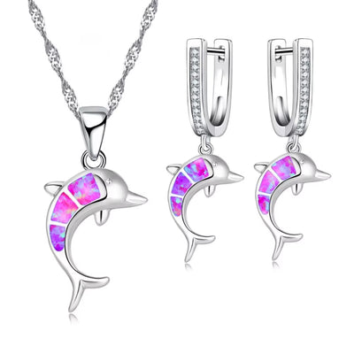 Dive into Style with Our Adorable Dolphin-Inspired Jewelry Set - Sparkling Blue Fire Opal Pendant Necklace and Earrings for Your Big Day!