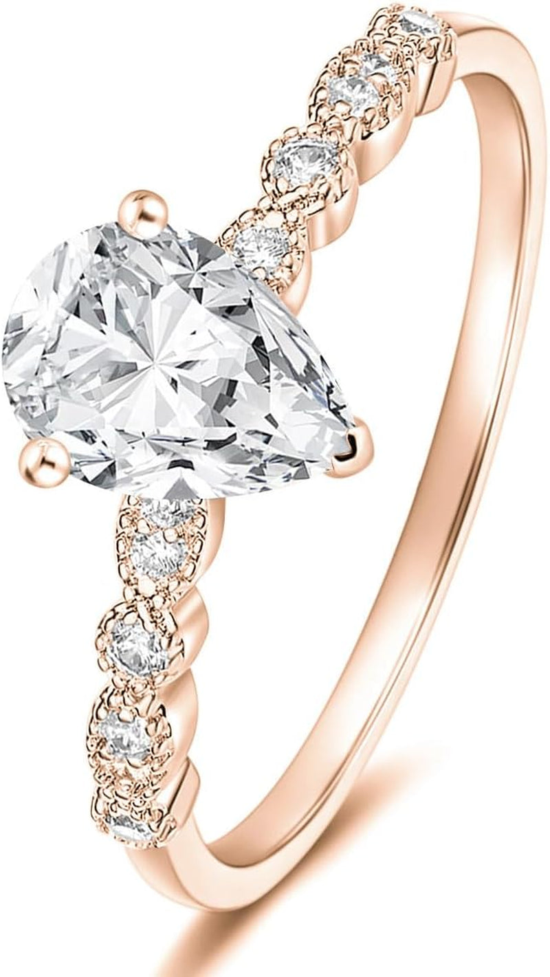 Stunning 1.5CT Teardrop Engagement Ring for Women - Marquise Pear Shaped Cubic Zirconia Promise Ring in Rose Gold Plated - Sizes 4-12