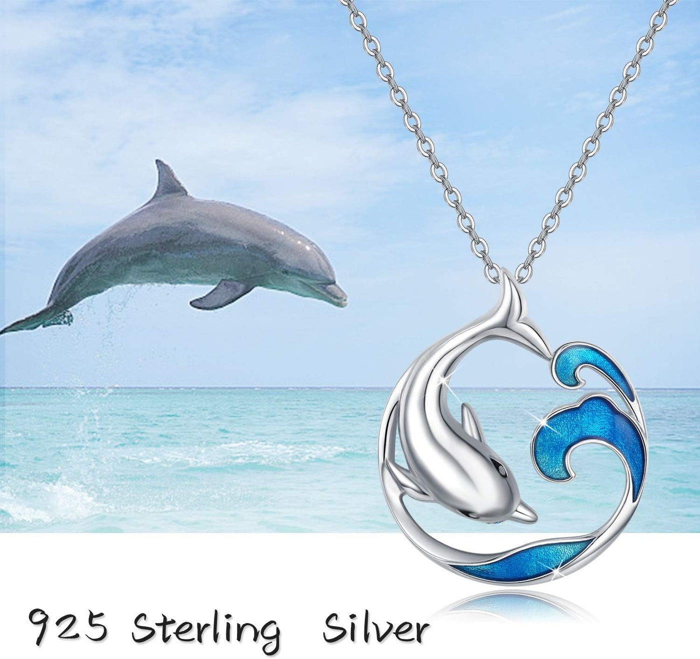 Dolphin Necklace S925 Sterling Silver Cute Dolphin Necklace Ocean Wave Pendant Beach Themes Ocean Wave Jewelry Dolphin Gifts for Women Daughter Birthday