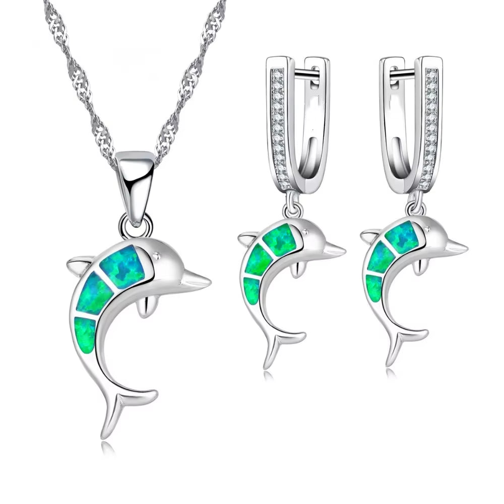 Dive into Style with Our Adorable Dolphin-Inspired Jewelry Set - Sparkling Blue Fire Opal Pendant Necklace and Earrings for Your Big Day!