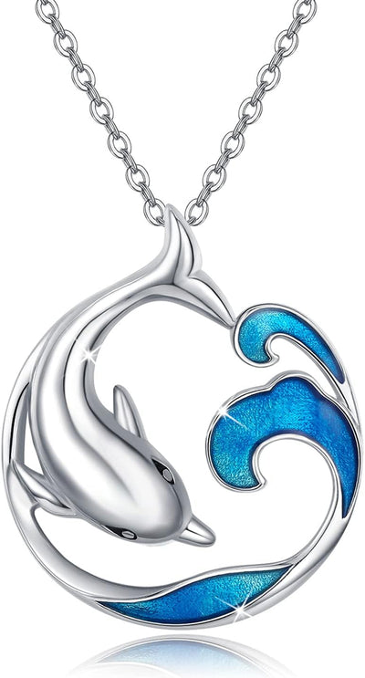 Dolphin Necklace S925 Sterling Silver Cute Dolphin Necklace Ocean Wave Pendant Beach Themes Ocean Wave Jewelry Dolphin Gifts for Women Daughter Birthday