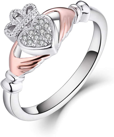 Sparkle and Shine: 925 Sterling Silver Claddagh Heart Promise Ring in Rose Gold – The Ultimate Birthstone Bling for Her!