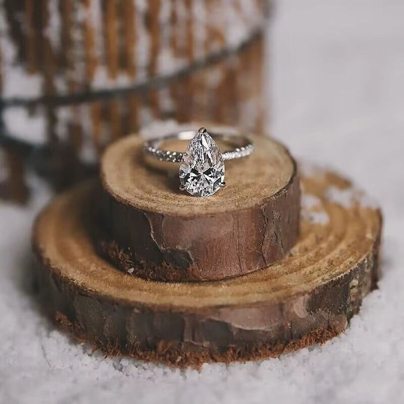 2CT 925 Sterling Silver Engagement Rings Pear Cut 5A+ Cubic Zirconia CZ Wedding Promise Rings for Her Stunning Teardrop