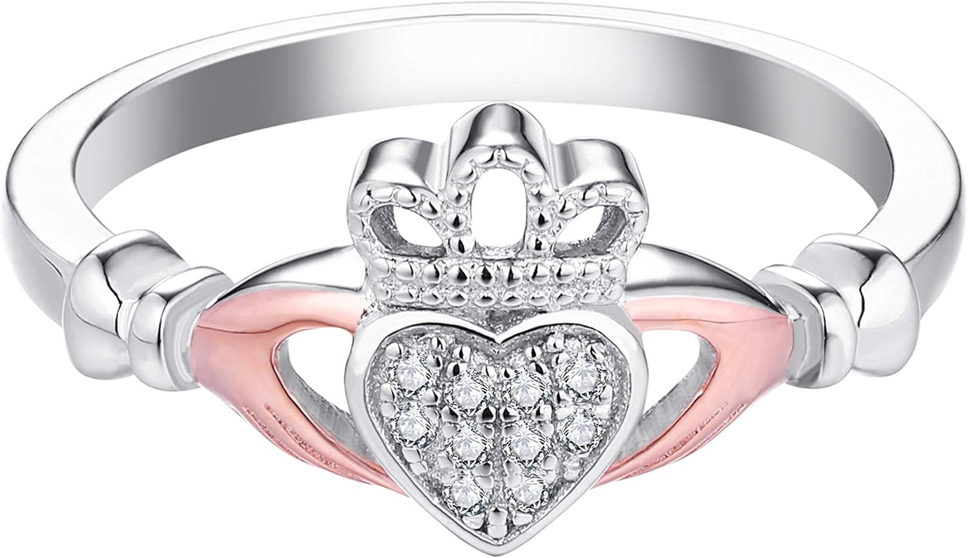 Sparkle and Shine: 925 Sterling Silver Claddagh Heart Promise Ring in Rose Gold – The Ultimate Birthstone Bling for Her!
