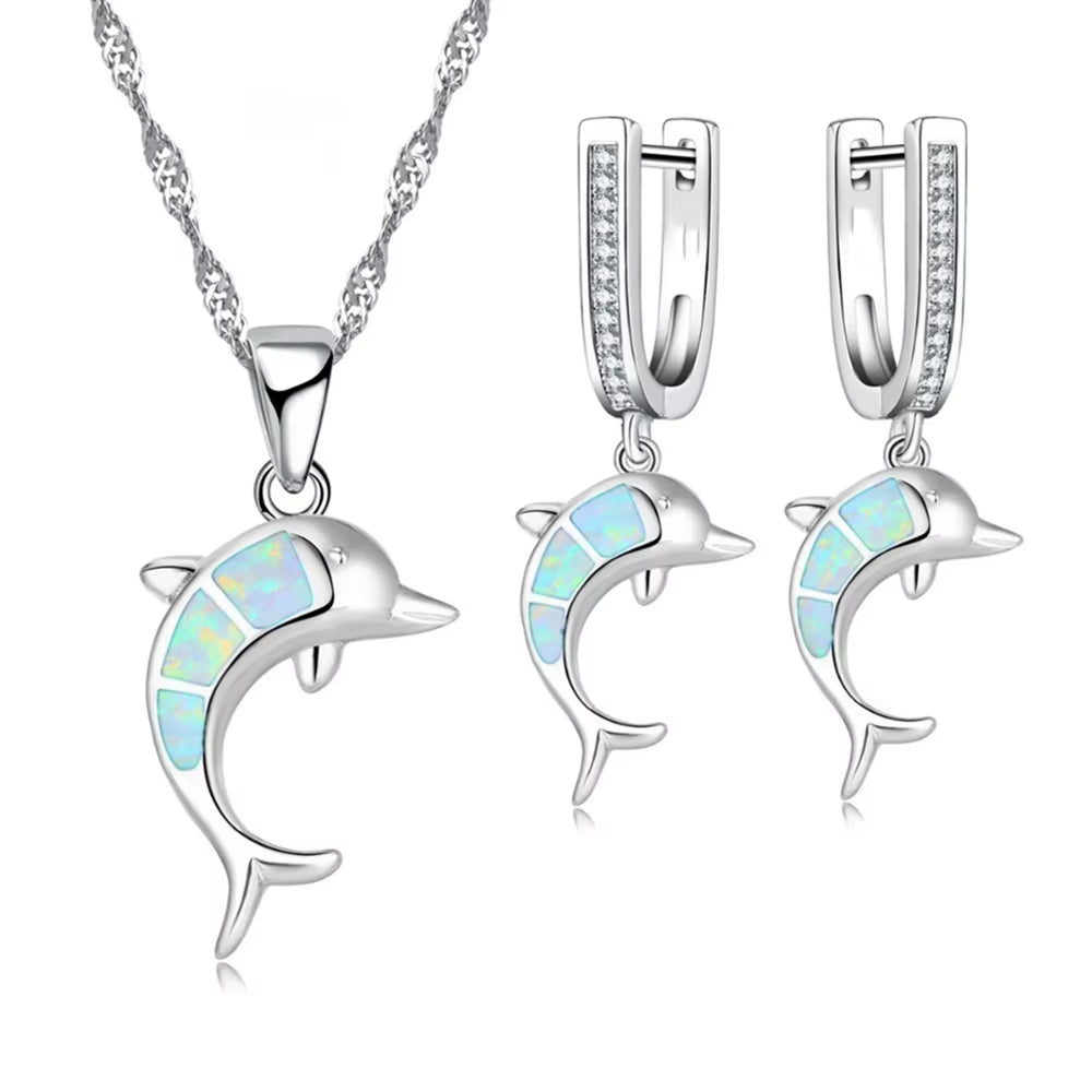 Dive into Style with Our Adorable Dolphin-Inspired Jewelry Set - Sparkling Blue Fire Opal Pendant Necklace and Earrings for Your Big Day!
