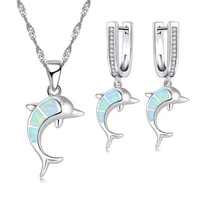 Dive into Style with Our Adorable Dolphin-Inspired Jewelry Set - Sparkling Blue Fire Opal Pendant Necklace and Earrings for Your Big Day!