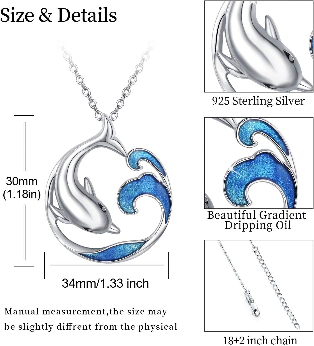 Dolphin Necklace S925 Sterling Silver Cute Dolphin Necklace Ocean Wave Pendant Beach Themes Ocean Wave Jewelry Dolphin Gifts for Women Daughter Birthday