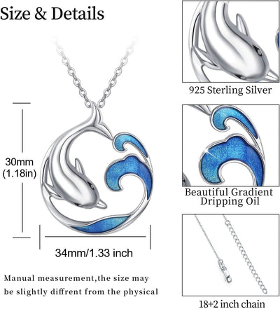 Dolphin Necklace S925 Sterling Silver Cute Dolphin Necklace Ocean Wave Pendant Beach Themes Ocean Wave Jewelry Dolphin Gifts for Women Daughter Birthday