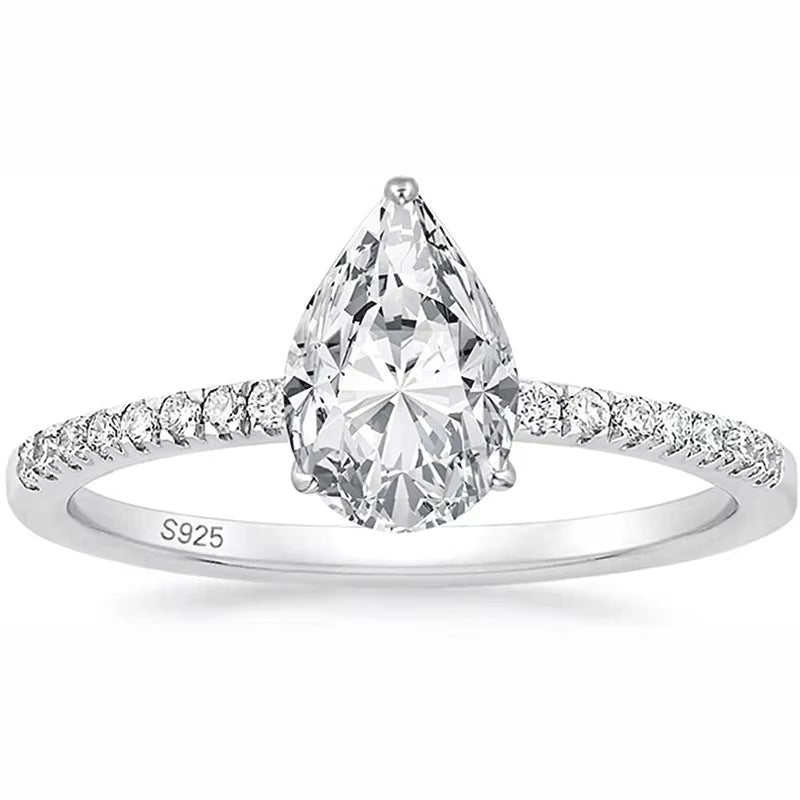 2CT 925 Sterling Silver Engagement Rings Pear Cut 5A+ Cubic Zirconia CZ Wedding Promise Rings for Her Stunning Teardrop