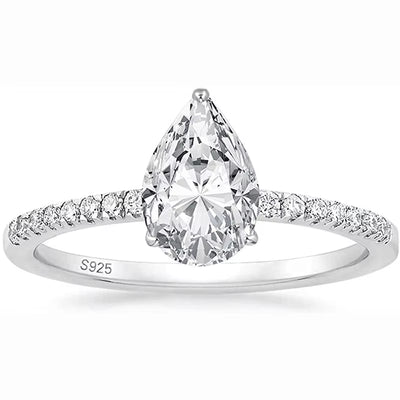 2CT 925 Sterling Silver Engagement Rings Pear Cut 5A+ Cubic Zirconia CZ Wedding Promise Rings for Her Stunning Teardrop