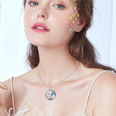 Dolphin Necklace S925 Sterling Silver Cute Dolphin Necklace Ocean Wave Pendant Beach Themes Ocean Wave Jewelry Dolphin Gifts for Women Daughter Birthday