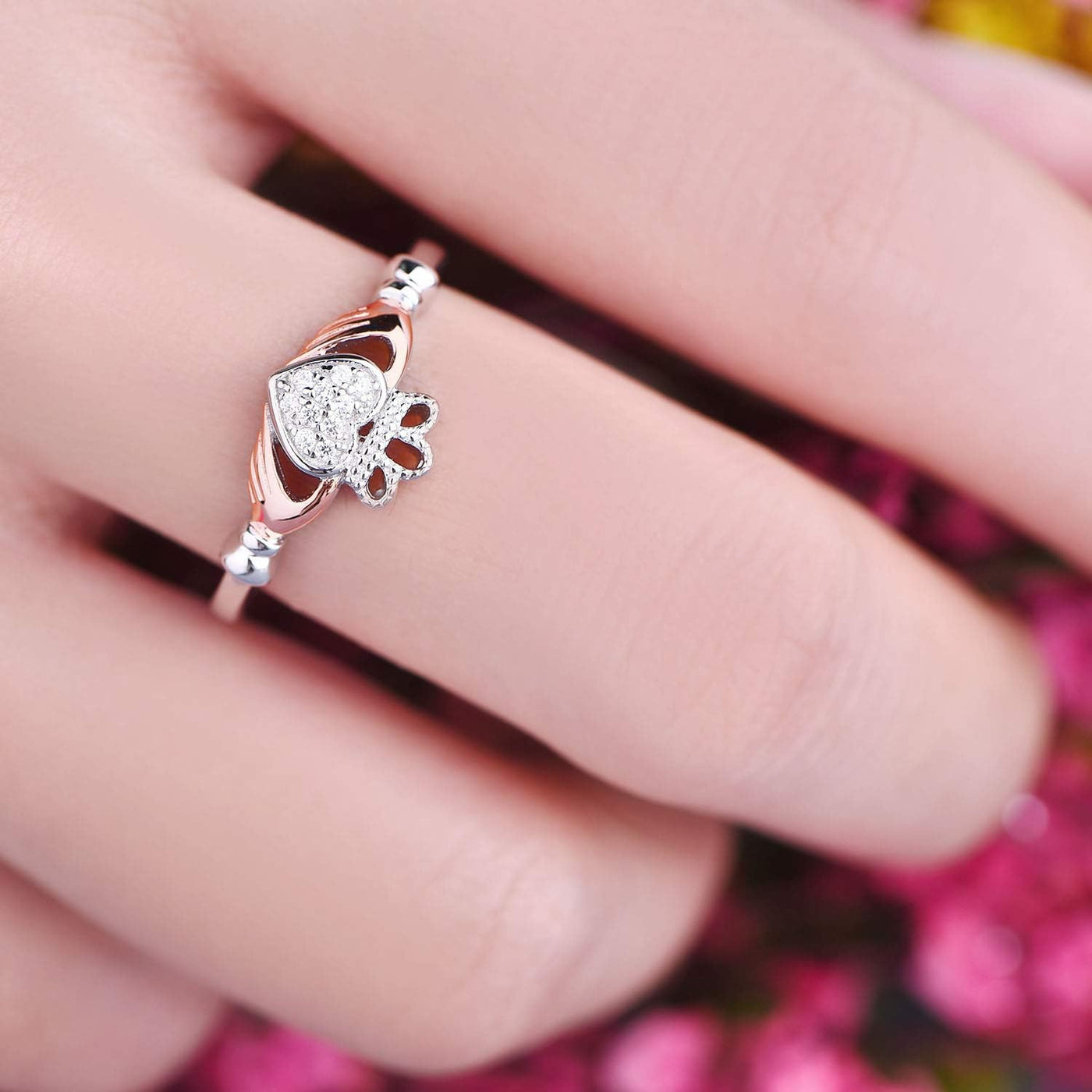 Sparkle and Shine: 925 Sterling Silver Claddagh Heart Promise Ring in Rose Gold – The Ultimate Birthstone Bling for Her!