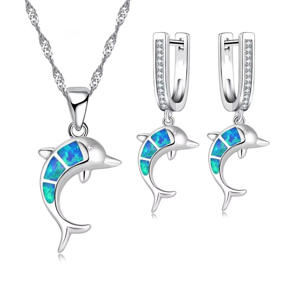 Dive into Style with Our Adorable Dolphin-Inspired Jewelry Set - Sparkling Blue Fire Opal Pendant Necklace and Earrings for Your Big Day!