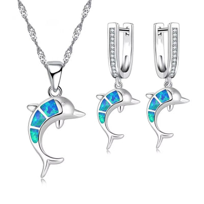 Dive into Style with Our Adorable Dolphin-Inspired Jewelry Set - Sparkling Blue Fire Opal Pendant Necklace and Earrings for Your Big Day!