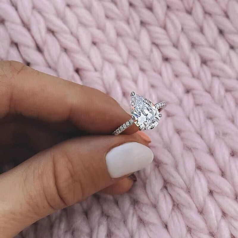 2CT 925 Sterling Silver Engagement Rings Pear Cut 5A+ Cubic Zirconia CZ Wedding Promise Rings for Her Stunning Teardrop