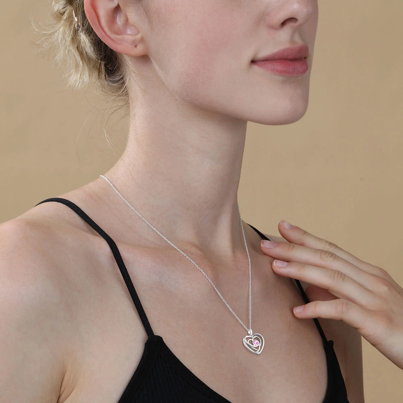 18K White Gold Plated Love Heart Necklaces for Women CZ S925 Sterling Silver October Birthstone Necklace with Pink Tourmaline Birthday Jewelry Gifts Ideas Mom Wife Girlfriend Tween Teen Age