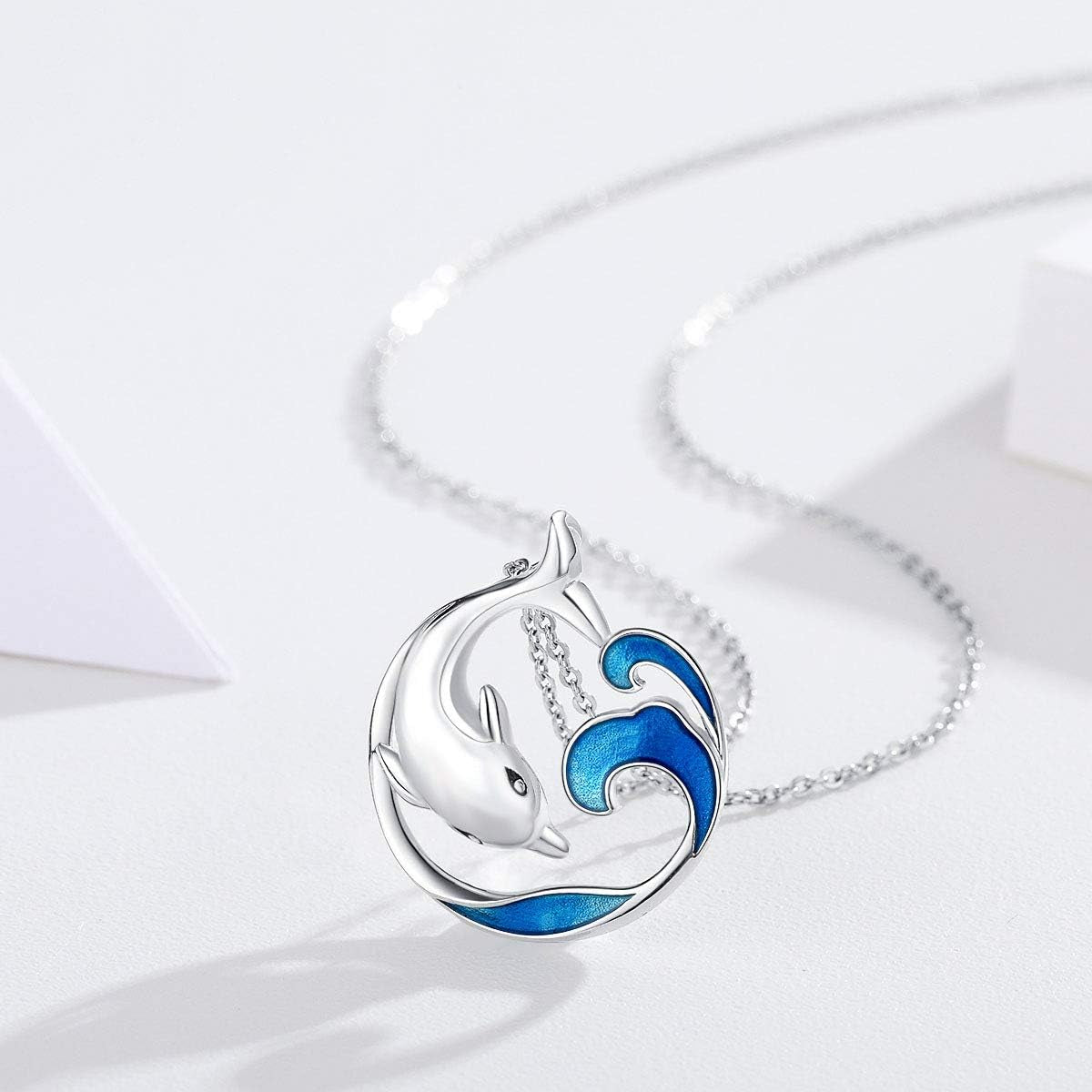 Dolphin Necklace S925 Sterling Silver Cute Dolphin Necklace Ocean Wave Pendant Beach Themes Ocean Wave Jewelry Dolphin Gifts for Women Daughter Birthday