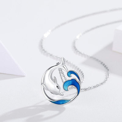 Dolphin Necklace S925 Sterling Silver Cute Dolphin Necklace Ocean Wave Pendant Beach Themes Ocean Wave Jewelry Dolphin Gifts for Women Daughter Birthday